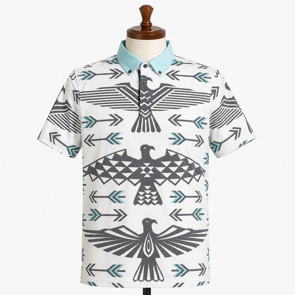Greyson White Gray Turquoise Thunderbird Arrow Polo Shirt Men's Medium